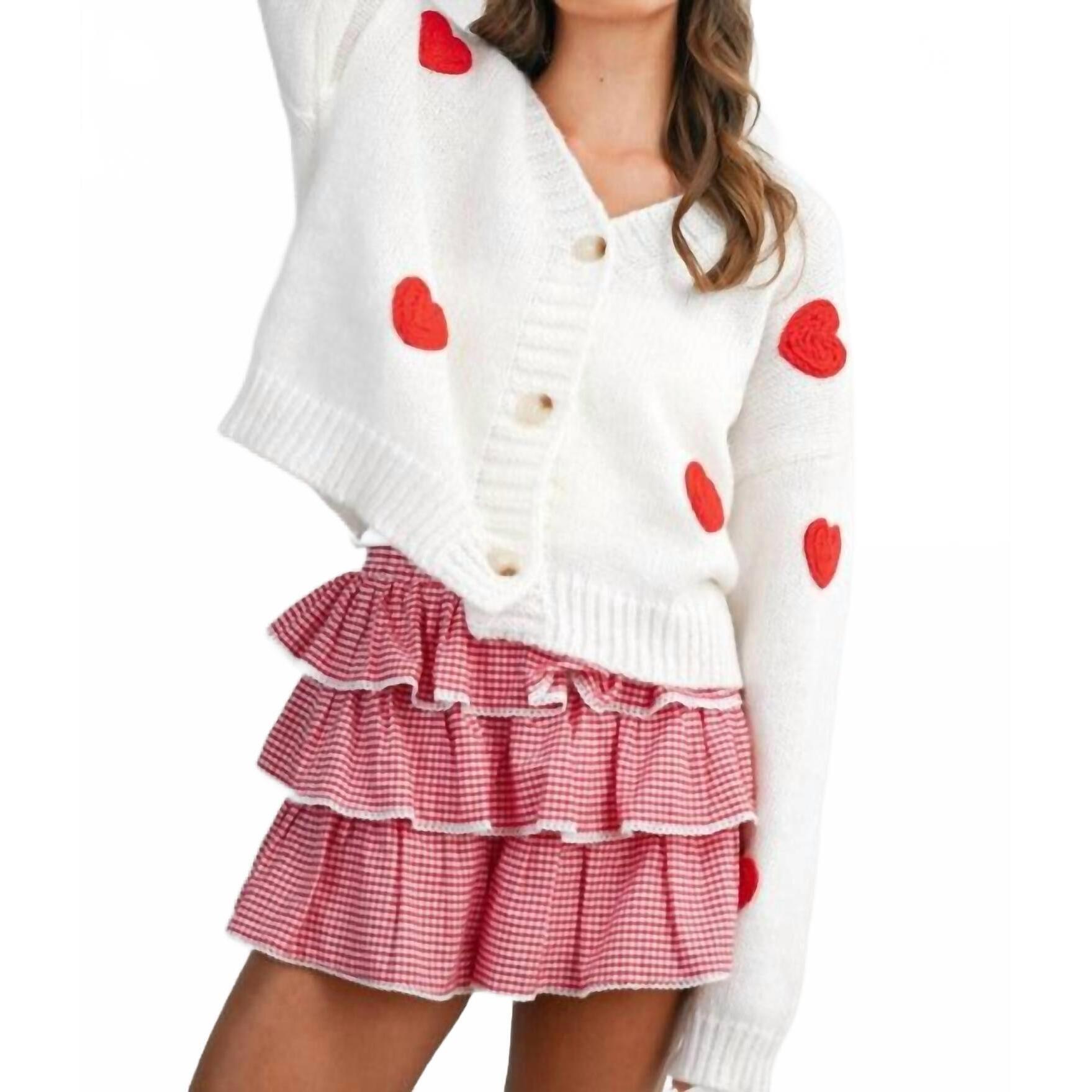 New Buttermelon Heart Pattern Cropped V-Neck Cardigan In White